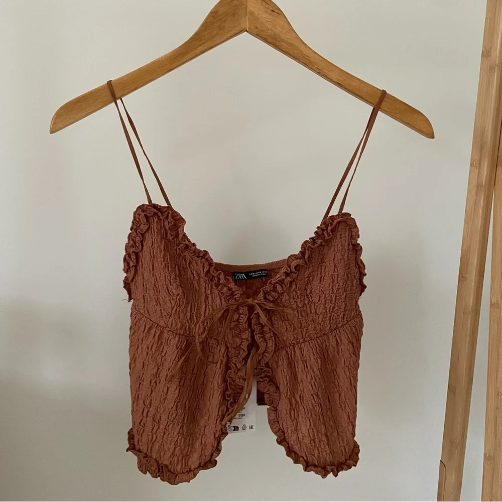 NWT Zara Ruffled Textured Tie Front Tank Top in Brown - M - Picture 5 of 8